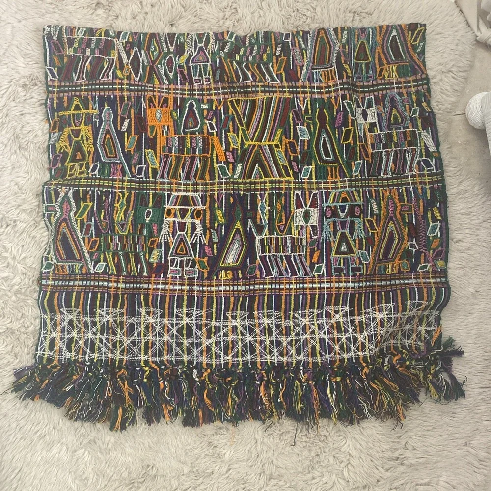 Guatemalan Textile‎ With Fringe Multicolor Fully Embroidered  55x28